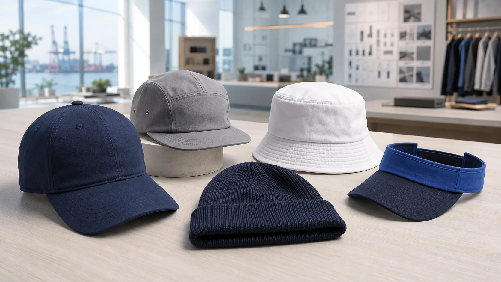 Custom hats and caps displayed in a professional sourcing showroom