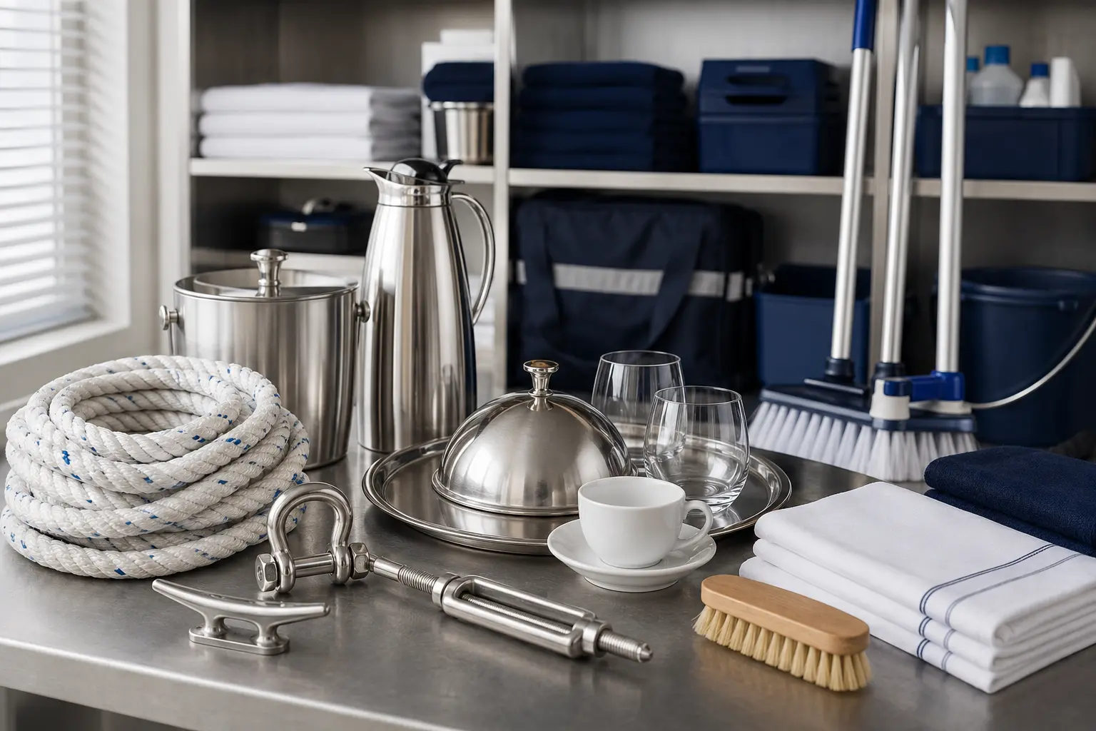Marine and hospitality supplies displayed in a professional showroom